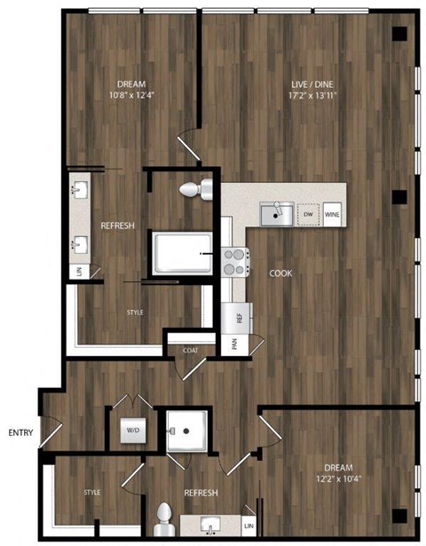 Floor plan for 2 beds, 2 baths, 1327 sqft